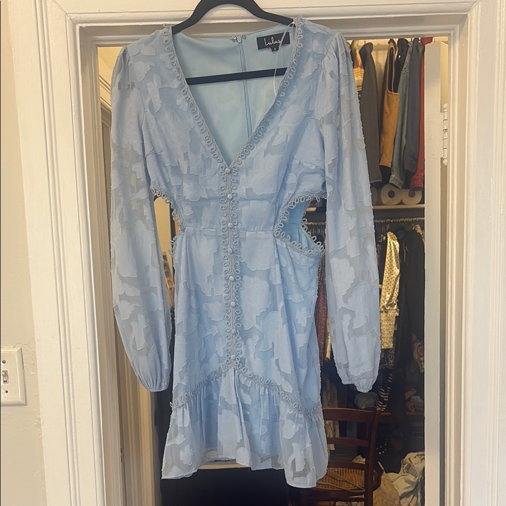 Lulu's Light Blue Long Sleeve V-Neck Mini Dress With Side Cut Outs